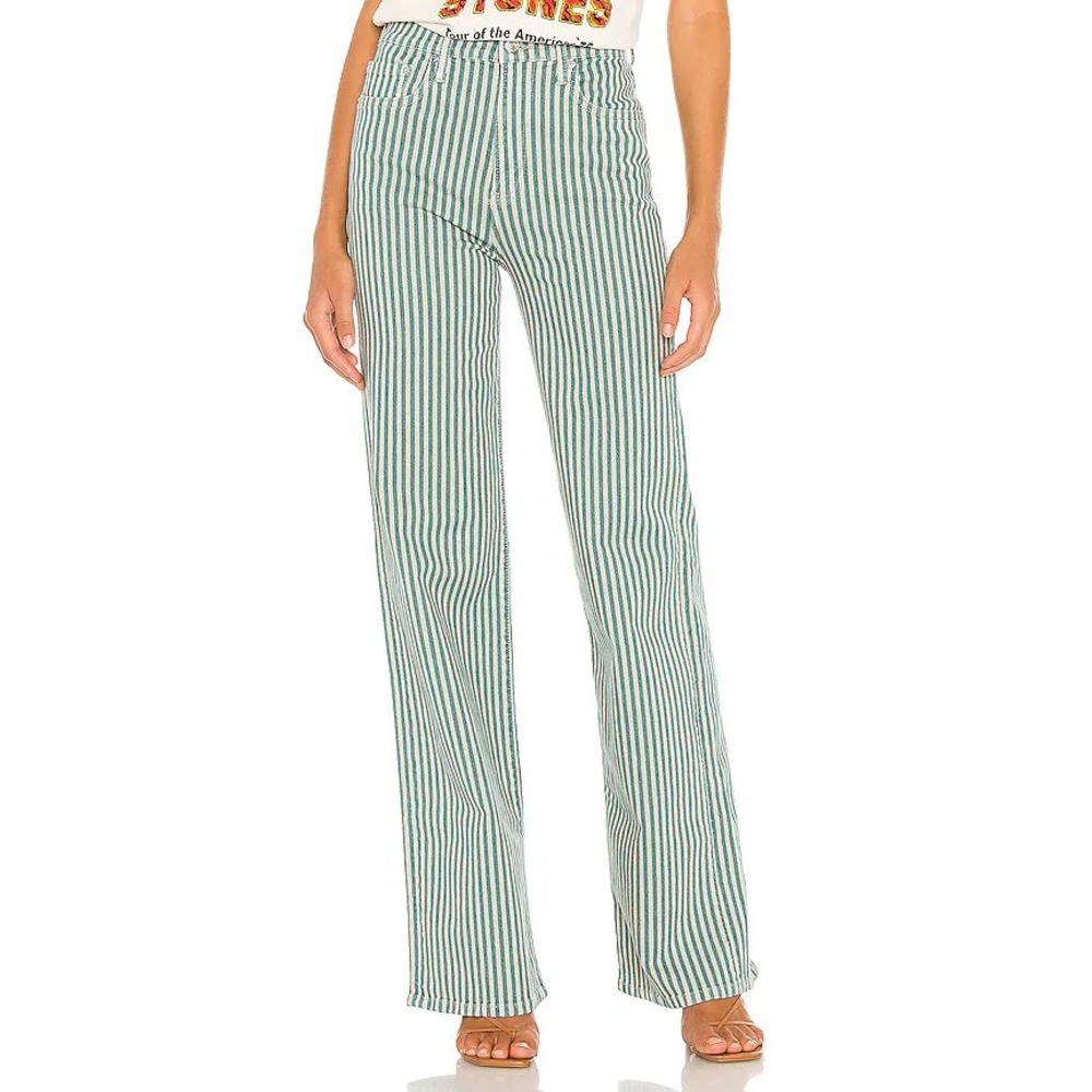 Free People We The Free Astoria Jeans 26 Green Striped High Rise Wide Leg Retro